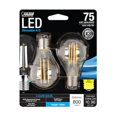 Feit Electric Feit A15 E17 (Intermediate) Filament LED Bulb Daylight 75 Watt Equivalence 2 pk BPA1575N850FIL2
